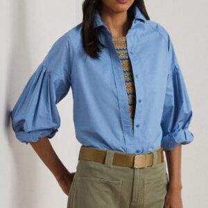 LAUREN RALPH LAUREN COTTON POPLIN POINT COLLAR LONG BLOUSON SLEEVE BUTTON-FRONT
